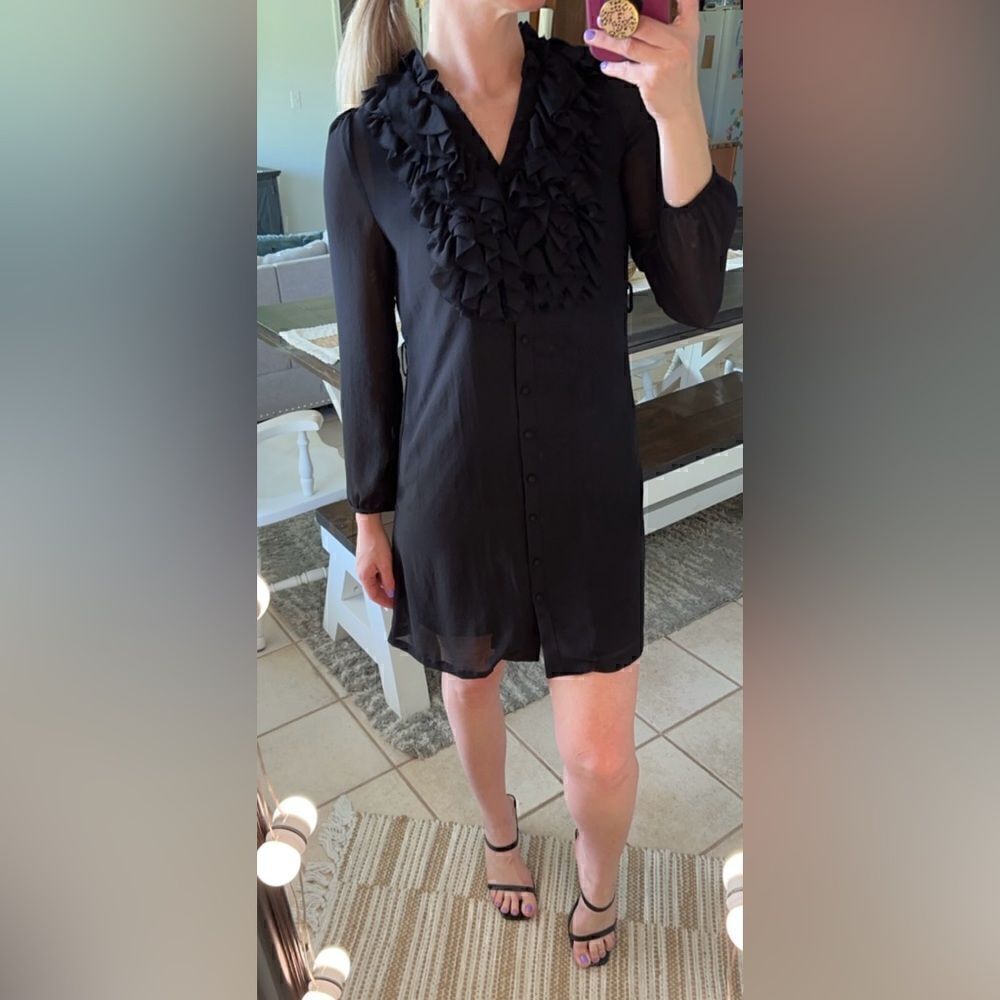 Whitney Classy Black Button Front Chiffon Ruffle Accent Mini Dress